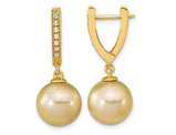 10-11mm Golden Saltwater South Sea Pear Dangle Earrings in 14K Yellow Gold with Diamonds